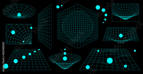 Abstract 3D wireframe shapes, perspective grids and heart. Y2K futuristic retro aesthetic set. Surreal neon geometry figures. Vector design elements isolated on black background.