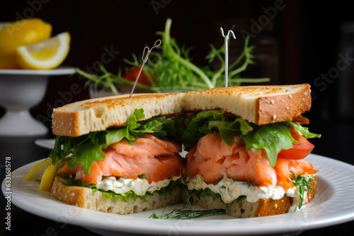 A Perfect Breakfast or Brunch: Mouthwatering Club Sandwich with Smoked Salmon, Cream Cheese, Capers, and Dill, Layered on a Bagel