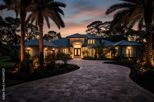 A common type of residence found in rural Southwest Florida, featuring a picturesque setting of palm trees, tropical vegetation, and blooming flowers, along with lush grass and tall pine trees. The