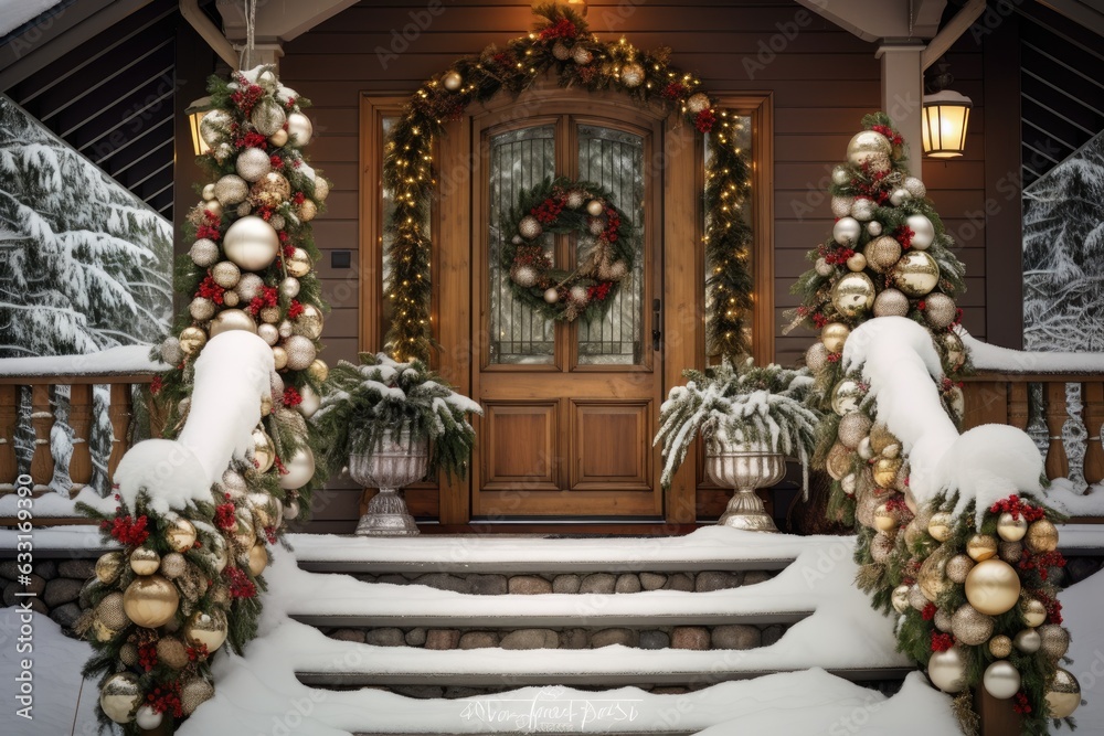 One suggestion for decorating the porch of a house during Christmas is to create a festive atmosphere at the entrance. This can be achieved by adorning the railing with a wreath made of golden and