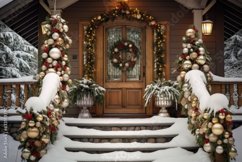 One suggestion for decorating the porch of a house during Christmas is to create a festive atmosphere at the entrance. This can be achieved by adorning the railing with a wreath made of golden and