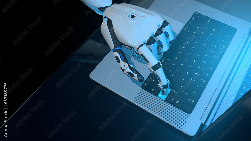 Fototapeta premium White human shaped robot hand pressing a key of an aluminum laptop with blue screen on reflective blue desk. 3D Illustration