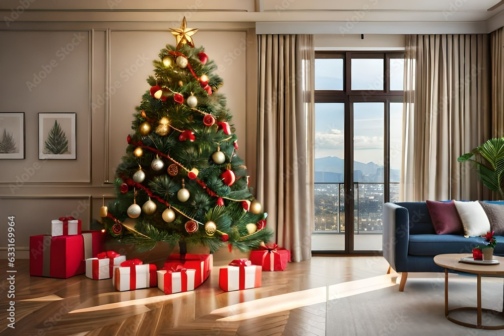 Christmas decoration with a tree and gift box in a residential setting. Created with generative Ai technology.