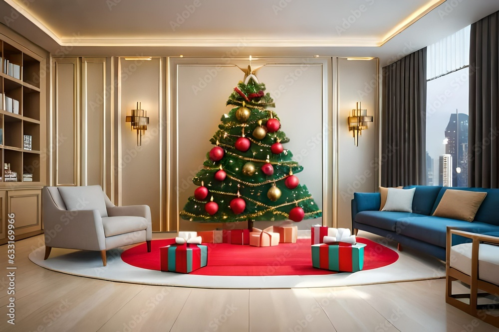 Christmas decoration with a tree and gift box in a residential setting. Created with generative Ai technology. Christmas decoration with a tree and gift box in a residential setting. Created with generative Ai technology.