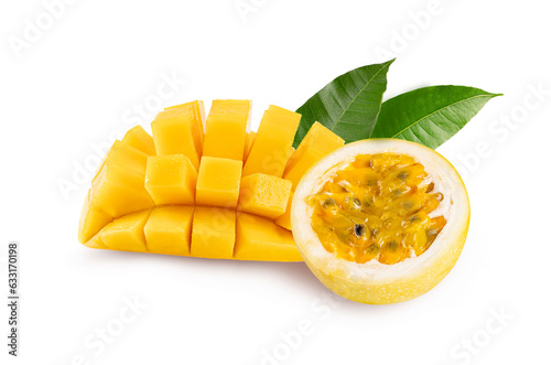 Half of passion fruit with mango and leaves isolated on white background.