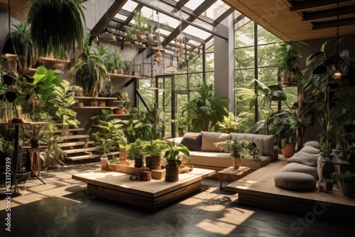 A fashionable arrangement of indoor gardens in the home, boasting numerous stunning plants such as cacti, succulents, and air plants, all placed in various uniquely designed pots. This concept © 2rogan
