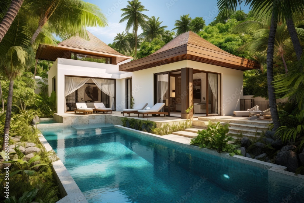 The exterior design of this tropical pool villa showcases a lush green garden, accompanied by a pool, sun beds, umbrellas, and towels.