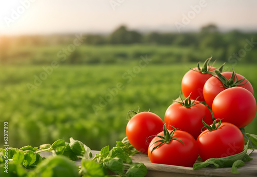 Pile of Fresh tomatoes on table harvested from the field with copy space background.