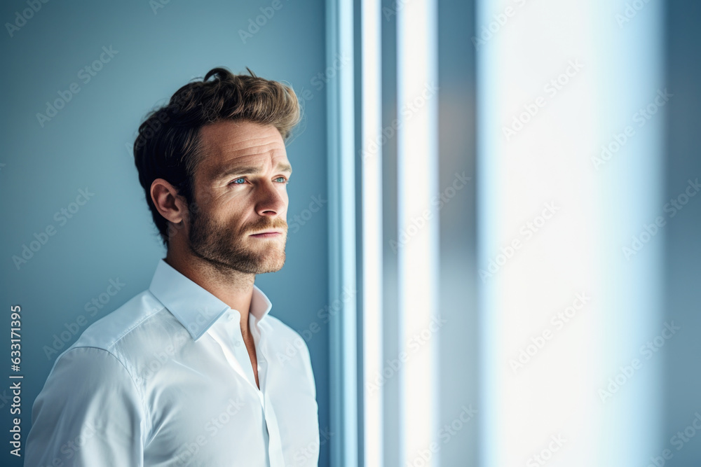 An attractive 30 years old business man with brown hair standing in a light blue colored room An attractive 30 years old business man with brown hair standing in a light blue colored room