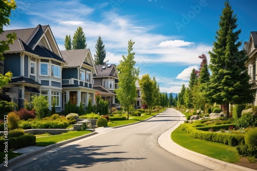 An ideal community. Suburban homes during the summer in North America. Upscale residences accompanied by beautiful landscaping.