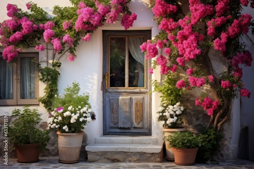 An image focusing on the front door of a house  featuring small square decorative windows and planters with blooming flowers nearby.