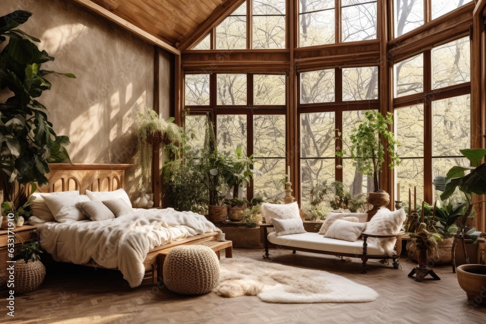 Cozy bedroom interior with a rustic home design featuring ethnic decorations. The room includes a bed adorned with pillows, wooden furniture, potted plants, an armchair, and curtains on large windows Cozy bedroom interior with a rustic home design featuring ethnic decorations. The room includes a bed adorned with pillows, wooden furniture, potted plants, an armchair, and curtains on large windows