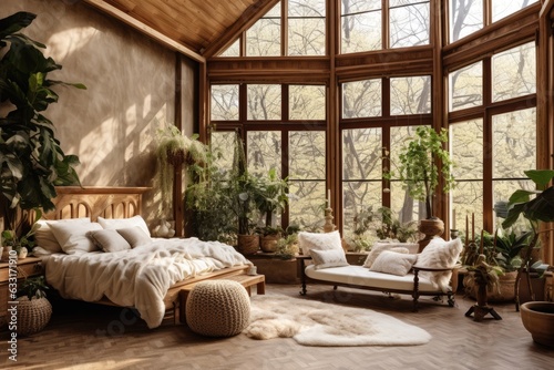 Cozy bedroom interior with a rustic home design featuring ethnic decorations. The room includes a bed adorned with pillows, wooden furniture, potted plants, an armchair, and curtains on large windows