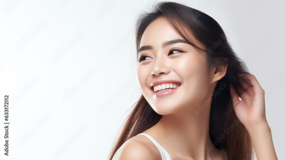 A closeup photo portrait of a beautiful young asian model woman laughing and smiling with clean teeth. used for a dental ad. isolated on white background, A closeup photo portrait of a beautiful young asian model woman laughing and smiling with clean teeth. used for a dental ad. isolated on white background,