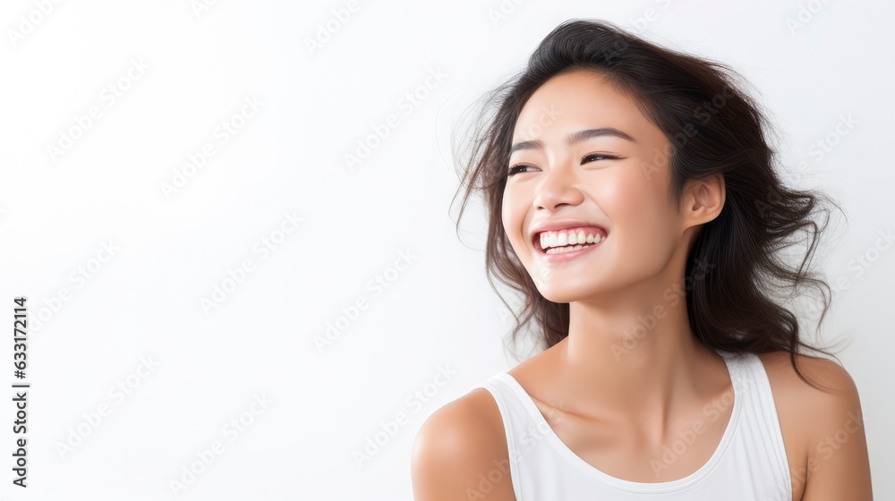 A closeup photo portrait of a beautiful young asian model woman laughing and smiling with clean teeth. used for a dental ad. isolated on white background, A closeup photo portrait of a beautiful young asian model woman laughing and smiling with clean teeth. used for a dental ad. isolated on white background,