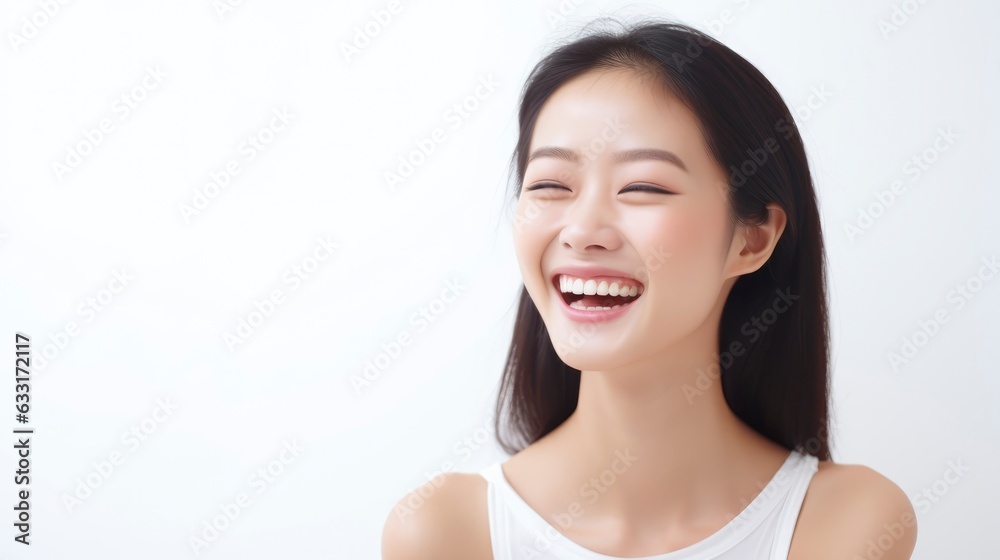 A closeup photo portrait of a beautiful young asian model woman laughing and smiling with clean teeth. used for a dental ad. isolated on white background, A closeup photo portrait of a beautiful young asian model woman laughing and smiling with clean teeth. used for a dental ad. isolated on white background,