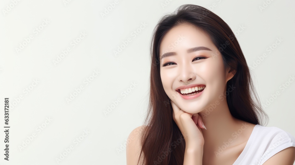 A closeup photo portrait of a beautiful young asian model woman laughing and smiling with clean teeth. used for a dental ad. isolated on white background, A closeup photo portrait of a beautiful young asian model woman laughing and smiling with clean teeth. used for a dental ad. isolated on white background,