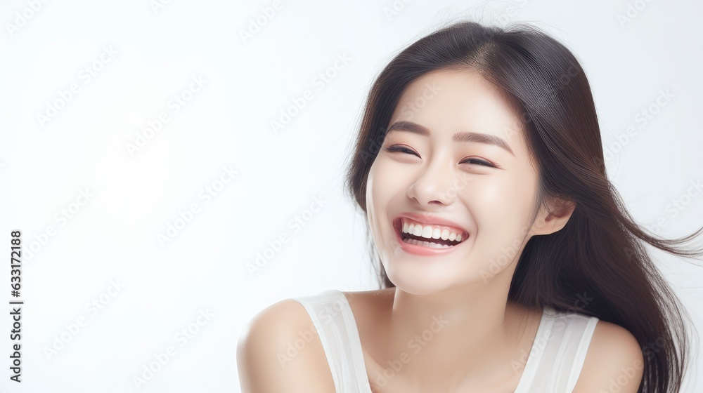 A closeup photo portrait of a beautiful young asian model woman laughing and smiling with clean teeth. used for a dental ad. isolated on white background, A closeup photo portrait of a beautiful young asian model woman laughing and smiling with clean teeth. used for a dental ad. isolated on white background,