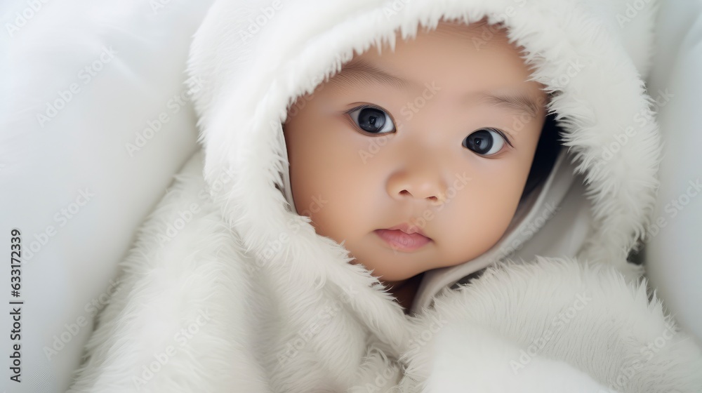 A very cute little asian baby kid wrapped in soft white blanket and hood on a bed. image perfect for ads. big beautiful eyes and tiny nose,
A very cute little asian baby kid wrapped in soft white blanket and hood on a bed. image perfect for ads. big beautiful eyes and tiny nose,