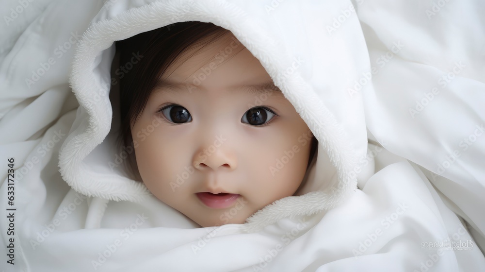 A very cute little asian baby kid wrapped in soft white blanket and hood on a bed. image perfect for ads. big beautiful eyes and tiny nose,
A very cute little asian baby kid wrapped in soft white blanket and hood on a bed. image perfect for ads. big beautiful eyes and tiny nose,