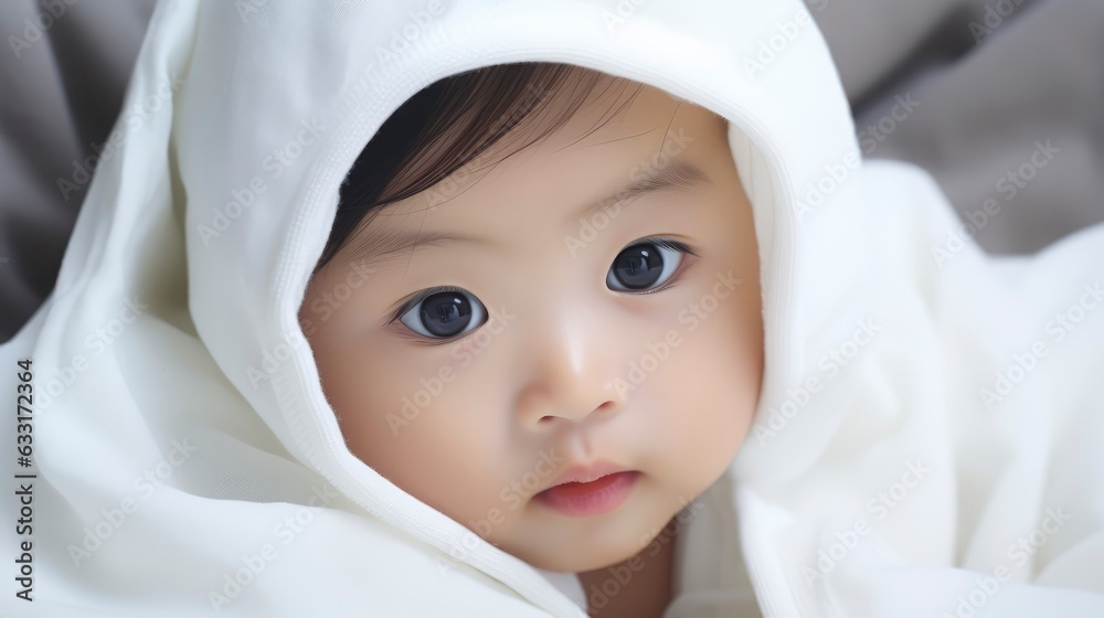 A very cute little asian baby kid wrapped in soft white blanket and hood on a bed. image perfect for ads. big beautiful eyes and tiny nose,
A very cute little asian baby kid wrapped in soft white blanket and hood on a bed. image perfect for ads. big beautiful eyes and tiny nose,