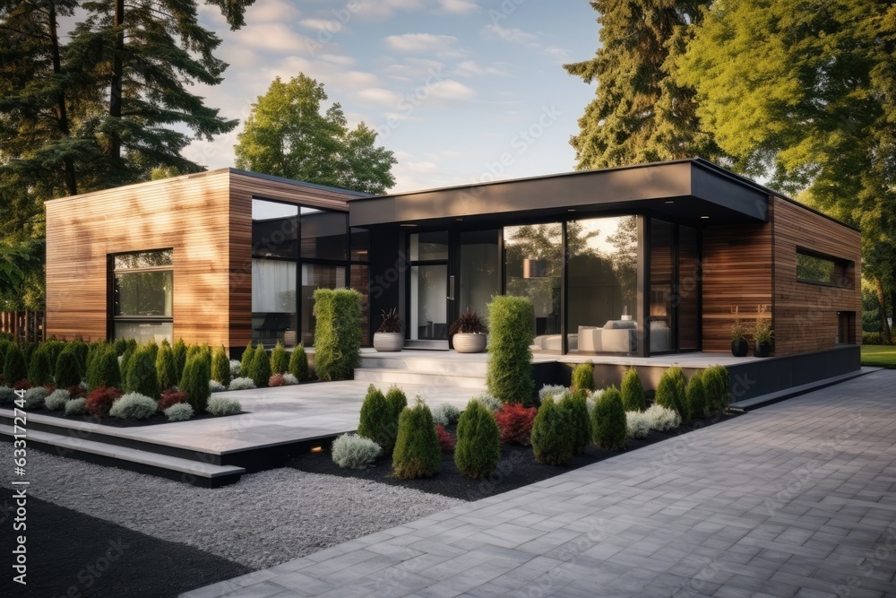 A contemporary dwelling with wooden accents on the outside and attractive gardening. Design of the exterior of a residence.