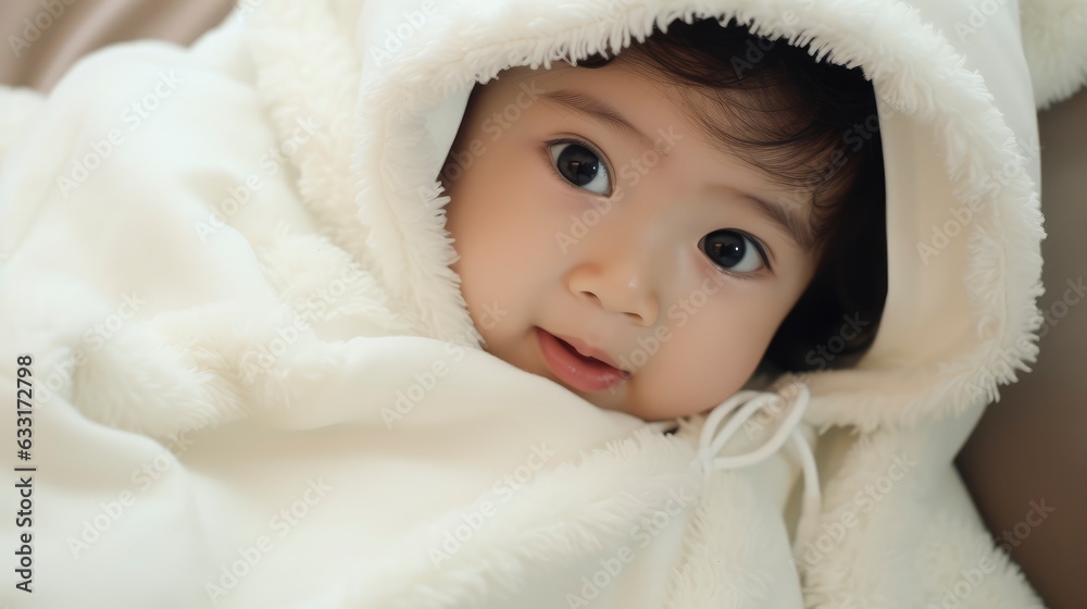 
A very cute little asian baby kid wrapped in soft white blanket and hood on a bed. image perfect for ads. big beautiful eyes and tiny nose,