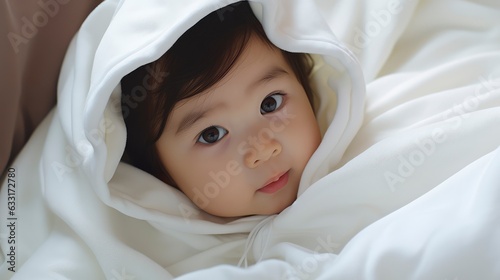  A very cute little asian baby kid wrapped in soft white blanket and hood on a bed. image perfect for ads. big beautiful eyes and tiny nose,