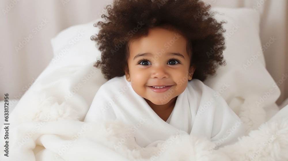 A very cute little black african baby kid with afro hair wrapped in soft white blanket on a bed smiling. image perfect for ads. big beautiful eyes and tiny nose,
A very cute little black african baby kid with afro hair wrapped in soft white blanket on a bed smiling. image perfect for ads. big beautiful eyes and tiny nose,