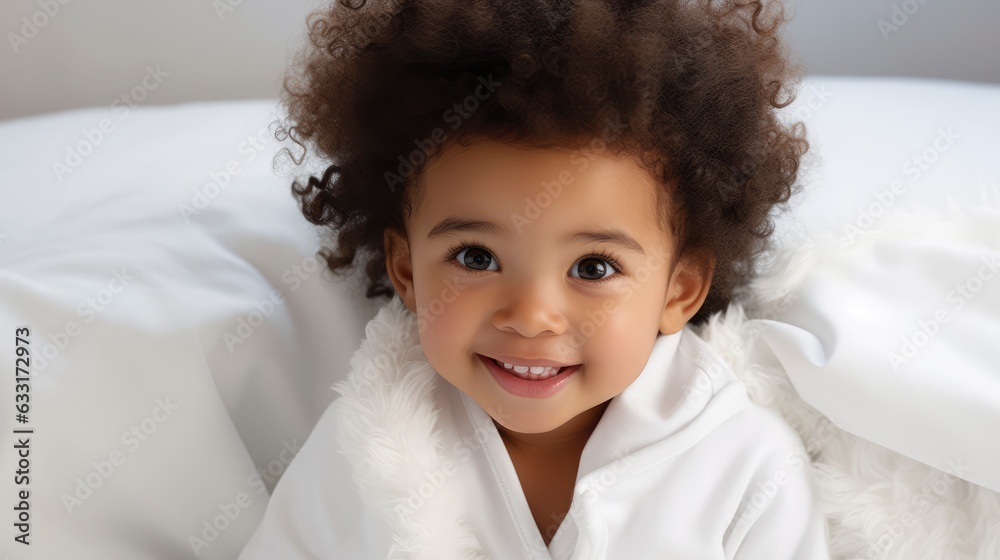 A very cute little black african baby kid with afro hair wrapped in soft white blanket on a bed smiling. image perfect for ads. big beautiful eyes and tiny nose,
A very cute little black african baby kid with afro hair wrapped in soft white blanket on a bed smiling. image perfect for ads. big beautiful eyes and tiny nose,