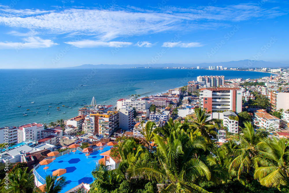 Obraz premium Puerto Vallarta city aerial view of pier and buildings