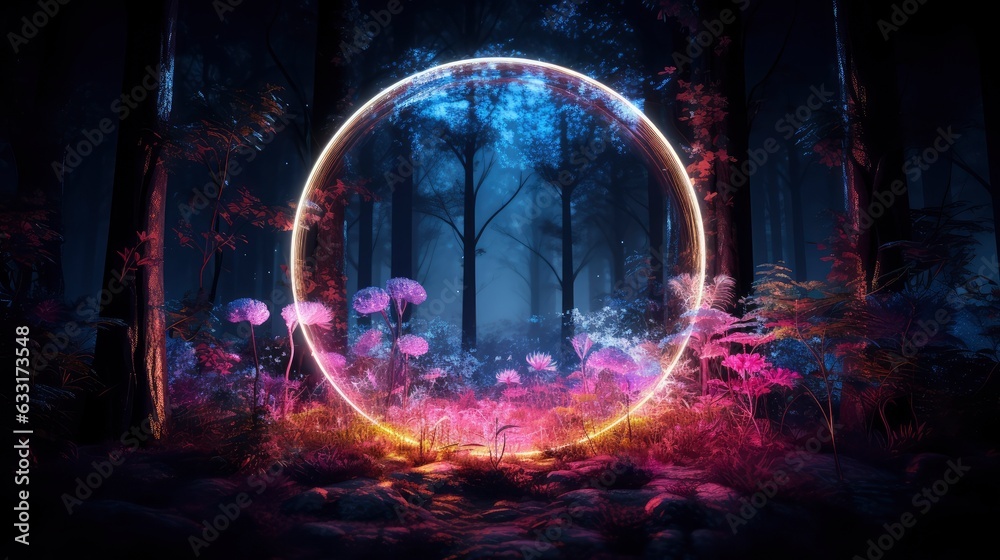 
Abstract art of glowing fantasy in magical night in circle shape in crystal glass. Concept of mysterious forest in colorful neon light,