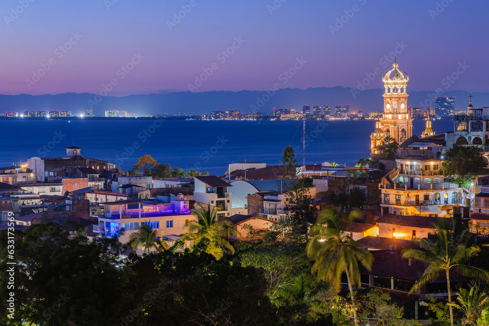 View of the church of Puerto Vallarta city at night