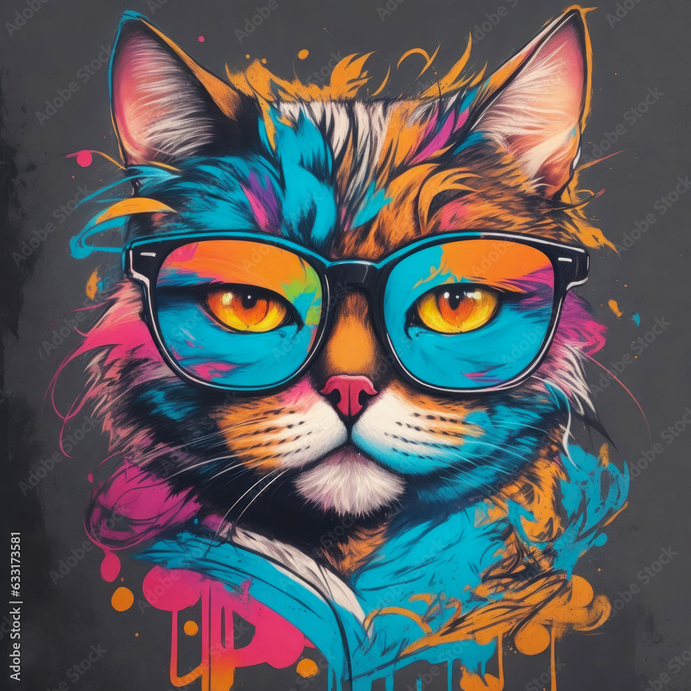 Cat illustration t-shirt design with colorful splash brushes. Generative AI