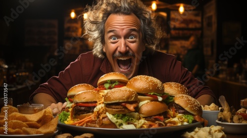 Print op canvas CMAIPIX Crazy guy eating a cheeseburger with lots of cheese - people photography