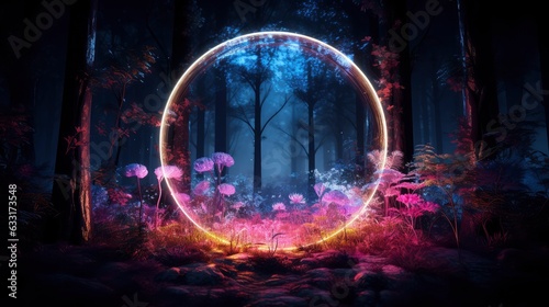  Abstract art of glowing fantasy in magical night in circle shape in crystal glass. Concept of mysterious forest in colorful neon light 