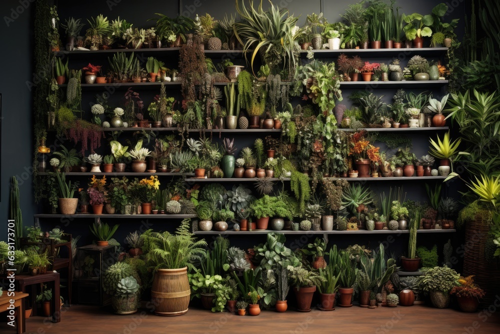 A fashionable arrangement of indoor garden decor consisting of numerous stunning plants, including cacti, succulents, and air plants displayed in various stylish pots. Additionally, there is a green