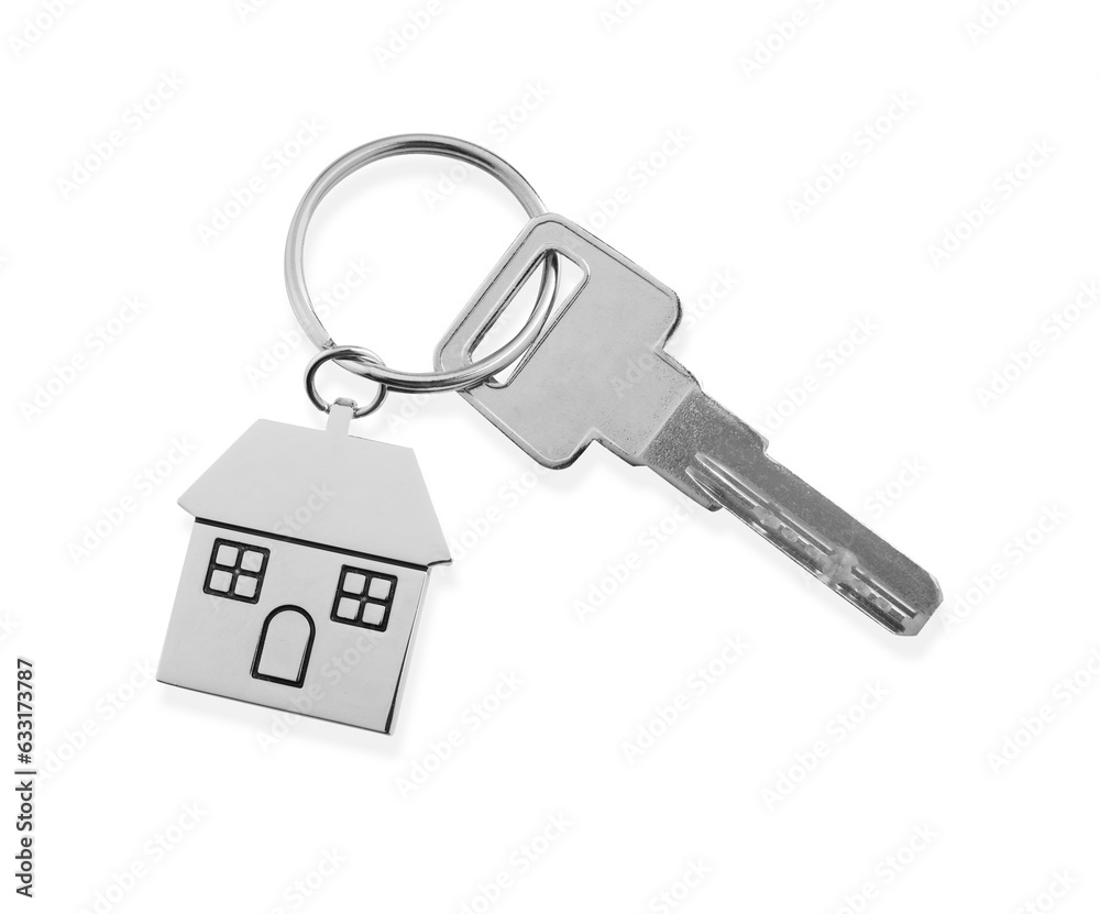 Key with metallic keychain in shape of house isolated on white, top view Key with metallic keychain in shape of house isolated on white, top view
