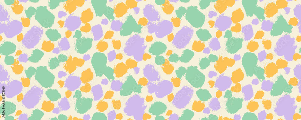 Grunge abstract spots and blots seamless pattern. Pastel colored dalmatian skin print. Hand drawn colorful round brush strokes with rough edges. Vector decorative wrapping paper, banner background. Grunge abstract spots and blots seamless pattern. Pastel colored dalmatian skin print. Hand drawn colorful round brush strokes with rough edges. Vector decorative wrapping paper, banner background.