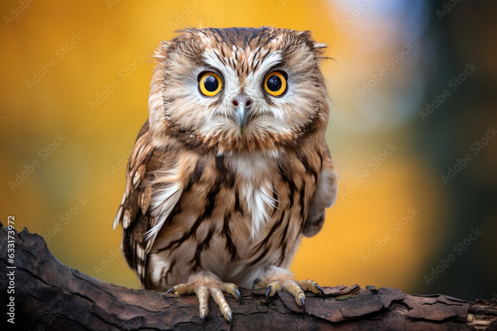 A small owl perched on a tree branch. The owl has large, round, yellow eyes and a small beak. Its feathers are brown and white, with a striped pattern on its chest A small owl perched on a tree branch. The owl has large, round, yellow eyes and a small beak. Its feathers are brown and white, with a striped pattern on its chest