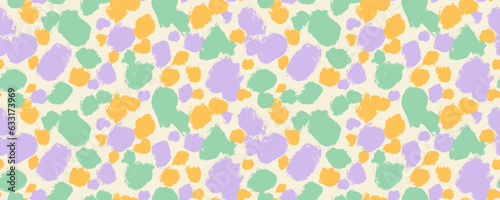 Grunge abstract spots and blots seamless pattern. Pastel colored dalmatian skin print. Hand drawn colorful round brush strokes with rough edges. Vector decorative wrapping paper, banner background.