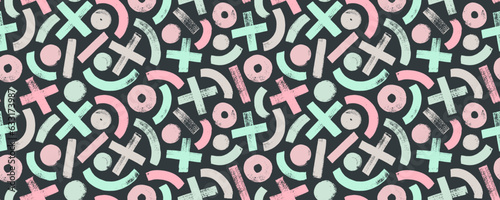 Colorful seamless pattern with brush drawn arches, x and circles. Contemporary vector geometric ornament with multi colored simple forms. Banner background with grunge crosses, dots and semi circles.