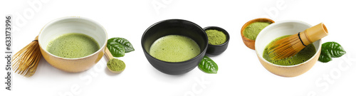 Set of green matcha tea in bowls on white background