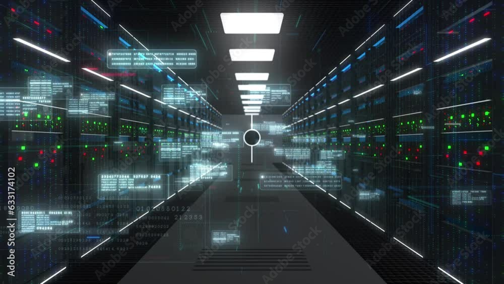 Forward dolly shot, Server cabinets for storage, Data servers in a data center server room, Cloud computing data storage concept, Futuristic digital data network connection technology