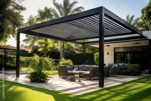 Fototapete A fashionable and modern outdoor structure designed to provide shade in a patio area, such as a pergola or awning, along with a roof to cover the space