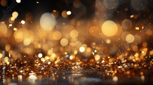 A gold sparkling background with bokeh and glitter. Generative AI. 