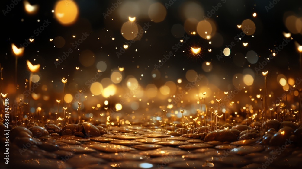 A gold sparkling background with bokeh and glitter. Generative AI. A gold sparkling background with bokeh and glitter. Generative AI.