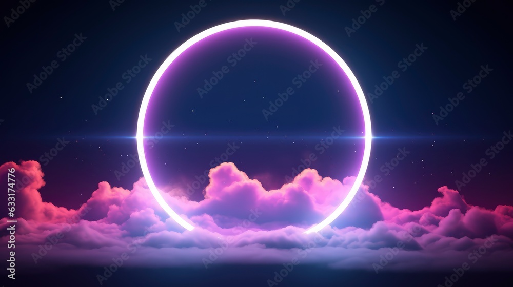 Abstract of glowing clouds circle rgb frame illuminated with neon light on darkness sky view. Concept of futuristic minimal geometric shape in paradise,
Abstract of glowing clouds circle rgb frame illuminated with neon light on darkness sky view. Concept of futuristic minimal geometric shape in paradise,