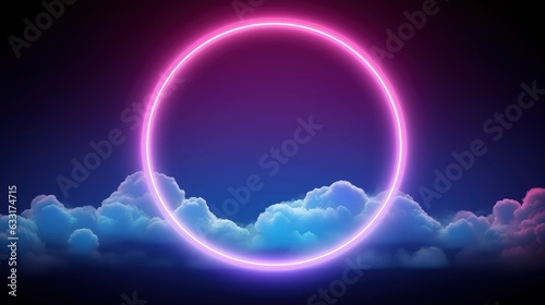  Abstract of glowing clouds circle rgb frame illuminated with neon light on darkness sky view. Concept of futuristic minimal geometric shape in paradise,