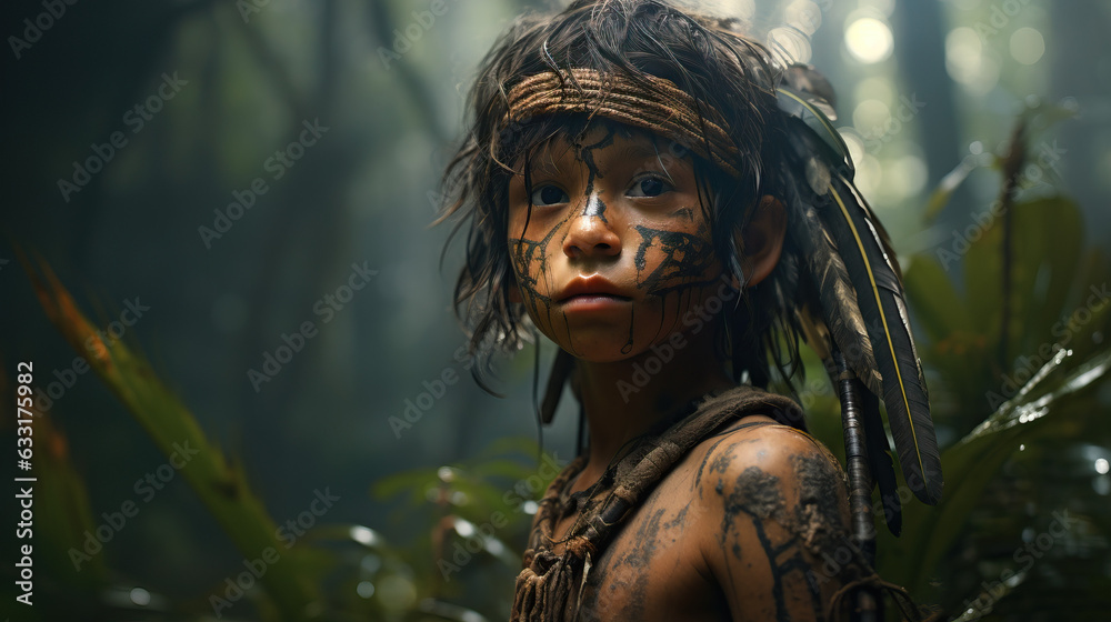 Young Tribal Amazonian Boy in Rain Forest. Wearing Headdress. Concept of Adventure, Outside, Nature, and Exploring. Young Tribal Amazonian Boy in Rain Forest. Wearing Headdress. Concept of Adventure, Outside, Nature, and Exploring.